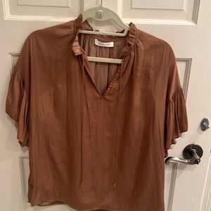 Carmel silk v neck blouse with ruffle sleeves